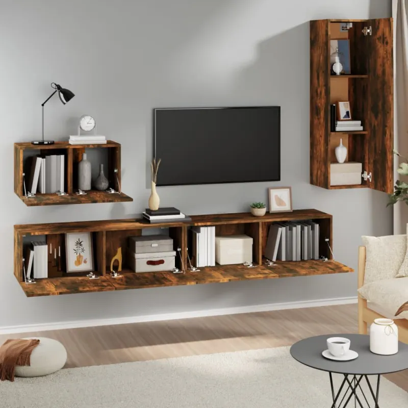 TV spintelių komplektas, 4 dalių, dūminio ąžuolo, mediena