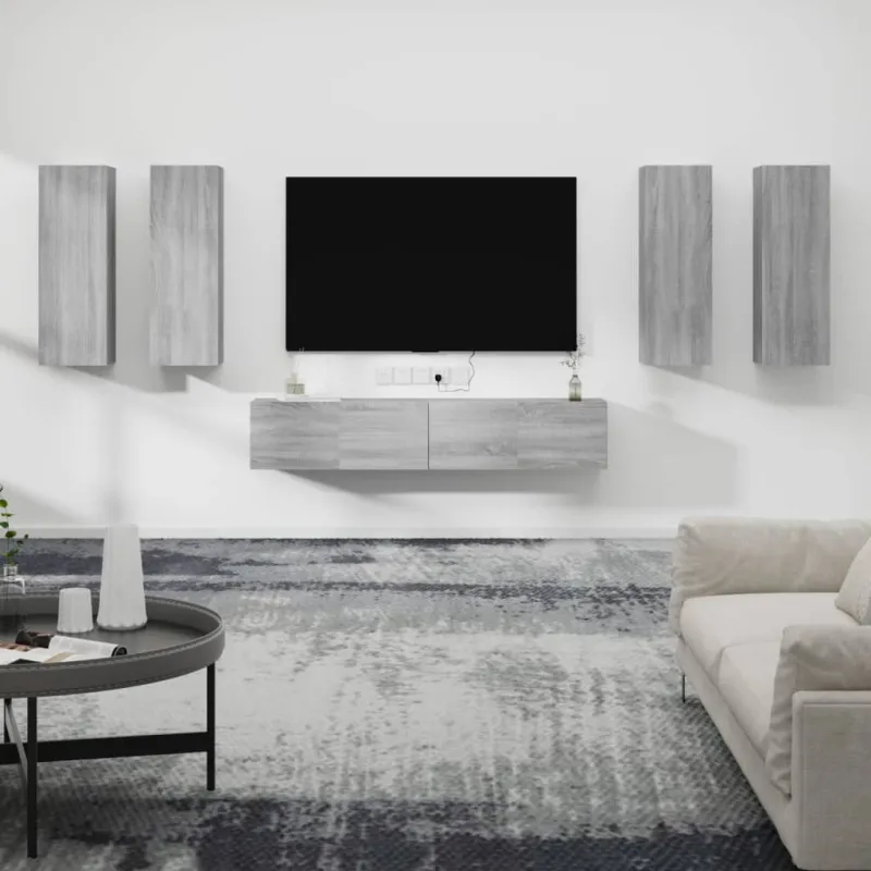 TV spintelių komplektas, 6 dalių, pilkas ąžuolo, mediena