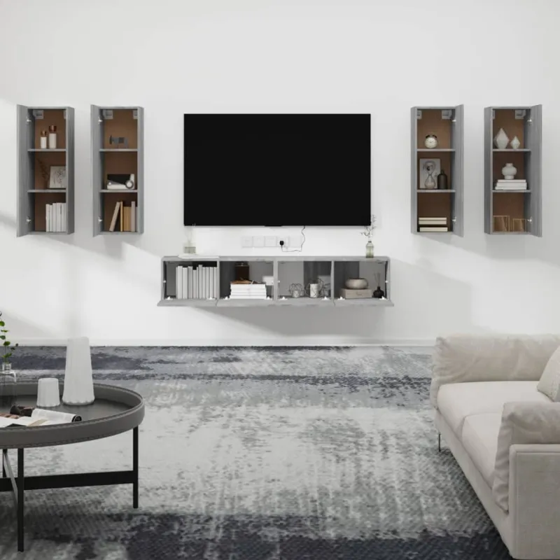 TV spintelių komplektas, 6 dalių, pilkas ąžuolo, mediena