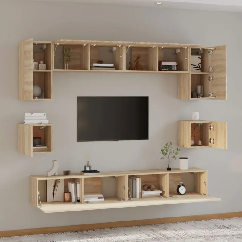 Televizoriaus spintelių komplektas, 8 dalių, ąžuolo, mediena