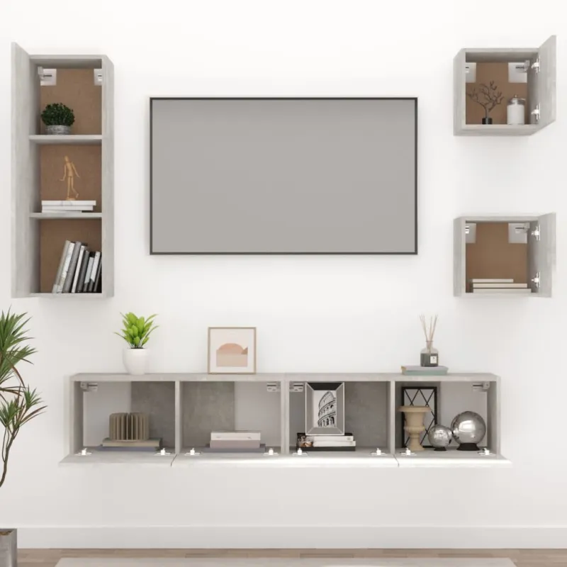 TV spintelių komplektas, 5 dalių, betono pilkas, mediena