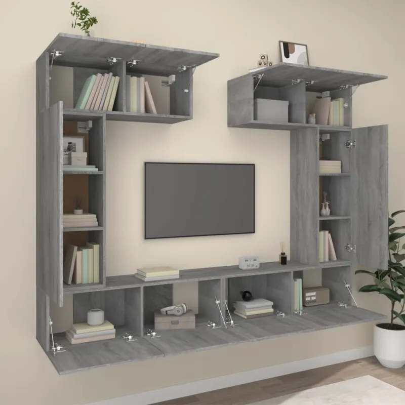 TV spintelių komplektas, 6 dalių, pilkas ąžuolo, mediena