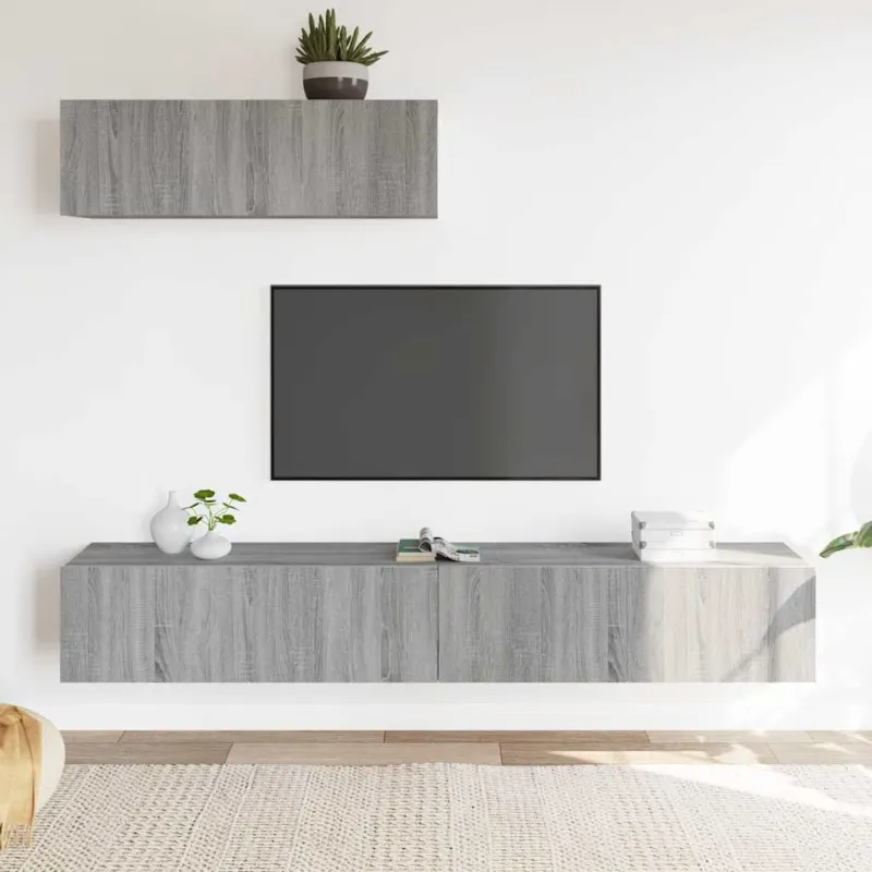 TV spintelių komplektas, 3 dalių, pilkas ąžuolo, mediena