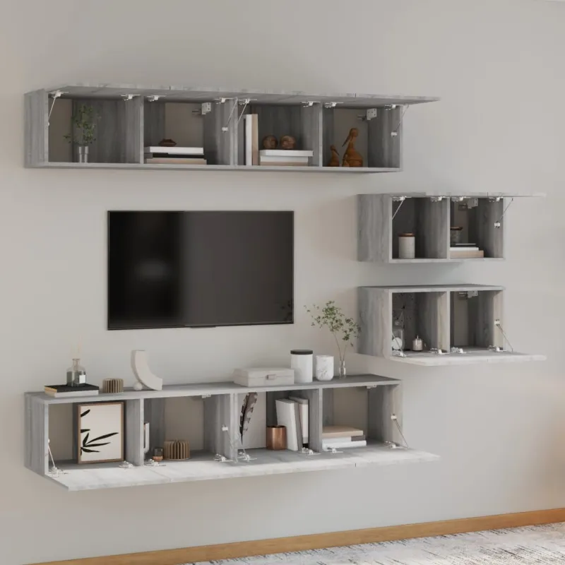 TV spintelių komplektas, 6 dalių, pilkas ąžuolo, mediena