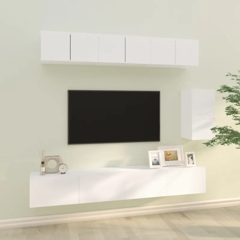 Televizoriaus spintelių komplektas, 6 dalių, baltas, mediena