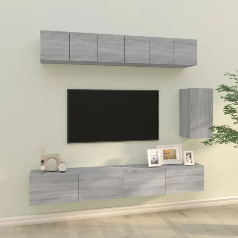TV spintelių komplektas, 6 dalių, pilkas ąžuolo, mediena