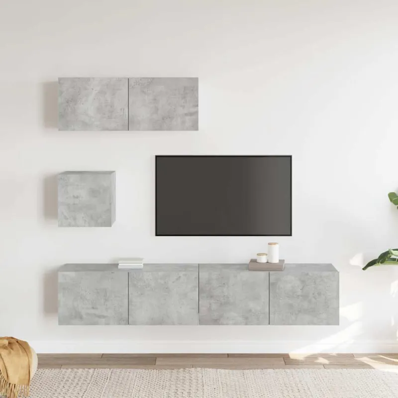 TV spintelių komplektas, 4 dalių, betono pilkas, mediena