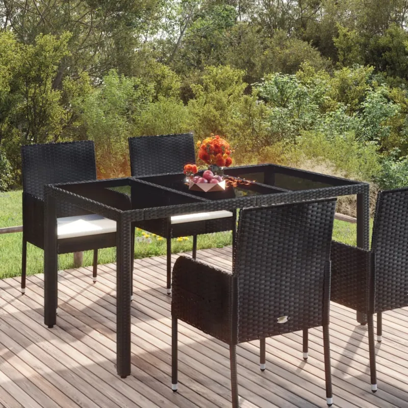 Lasipintainen pöytä, musta, 150x90x75cm, rattan