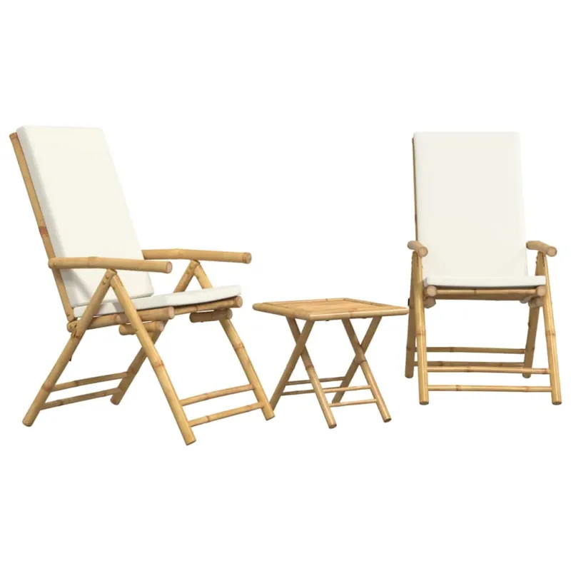 Bistro-Setti kermanvärisillä tyynyillä, 3-osainen, bambu