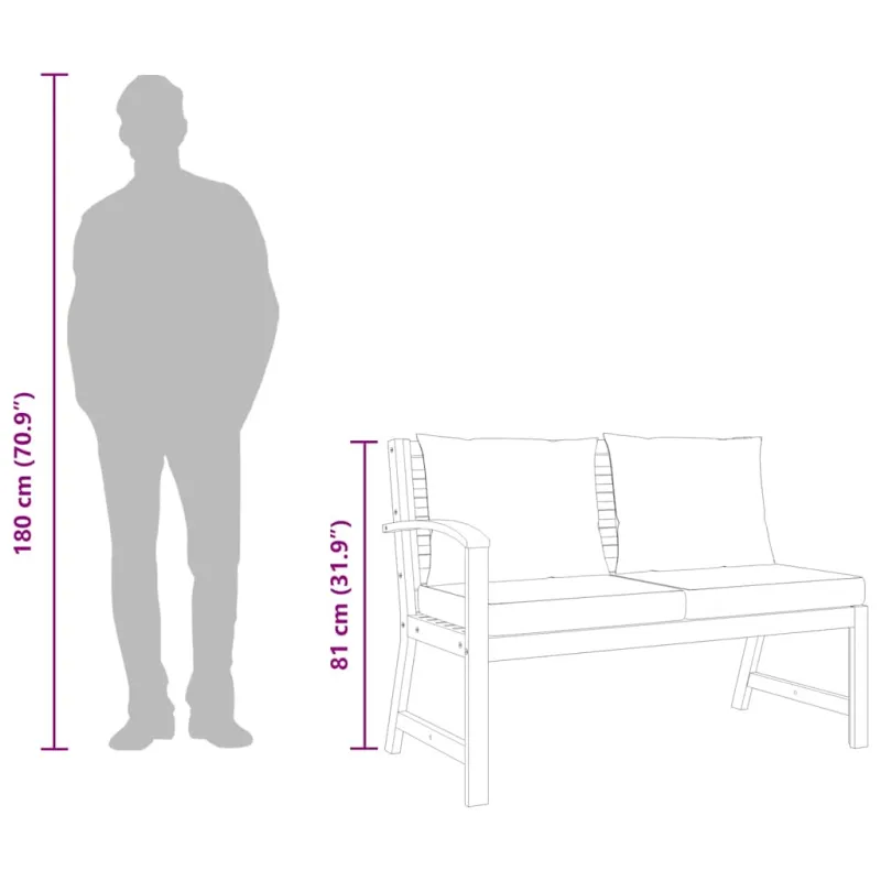 Sodo suoliukas su kreminėmis pagalvėlėmis, 114,5cm, akacija
