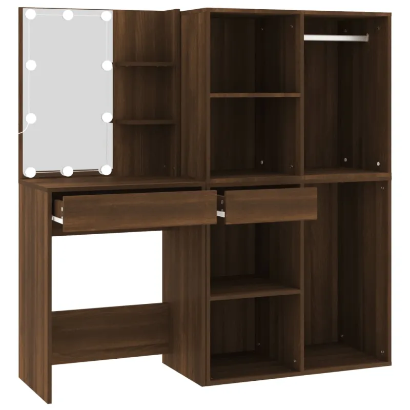 Kosmetinis staliukas su LED/spintelėmis, rudas ąžuolo, mediena