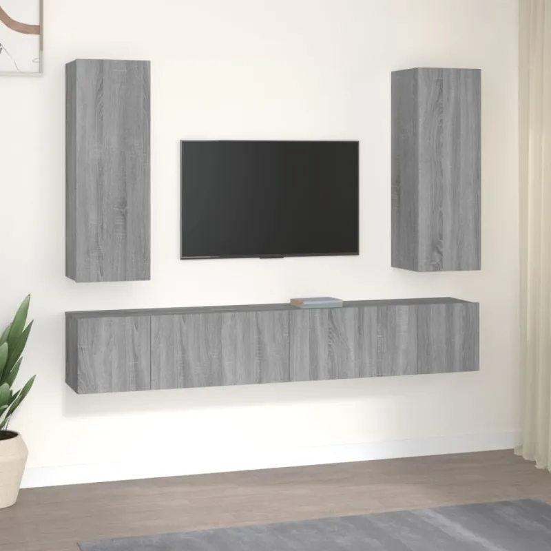 TV spintelių komplektas, 5 dalių, pilkas ąžuolo, mediena