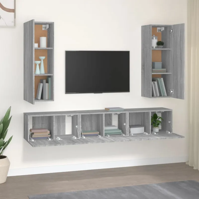TV spintelių komplektas, 5 dalių, pilkas ąžuolo, mediena