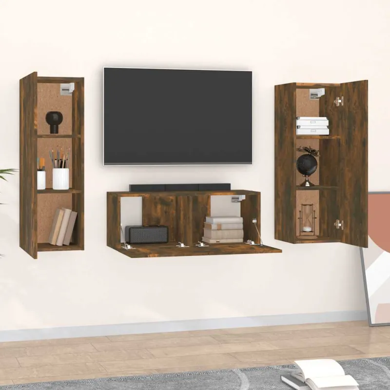 TV spintelių komplektas, 3 dalių, dūminio ąžuolo, mediena
