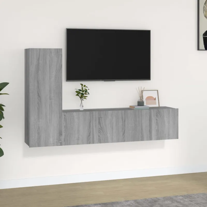 TV spintelių komplektas, 3 dalių, pilkas ąžuolo, mediena
