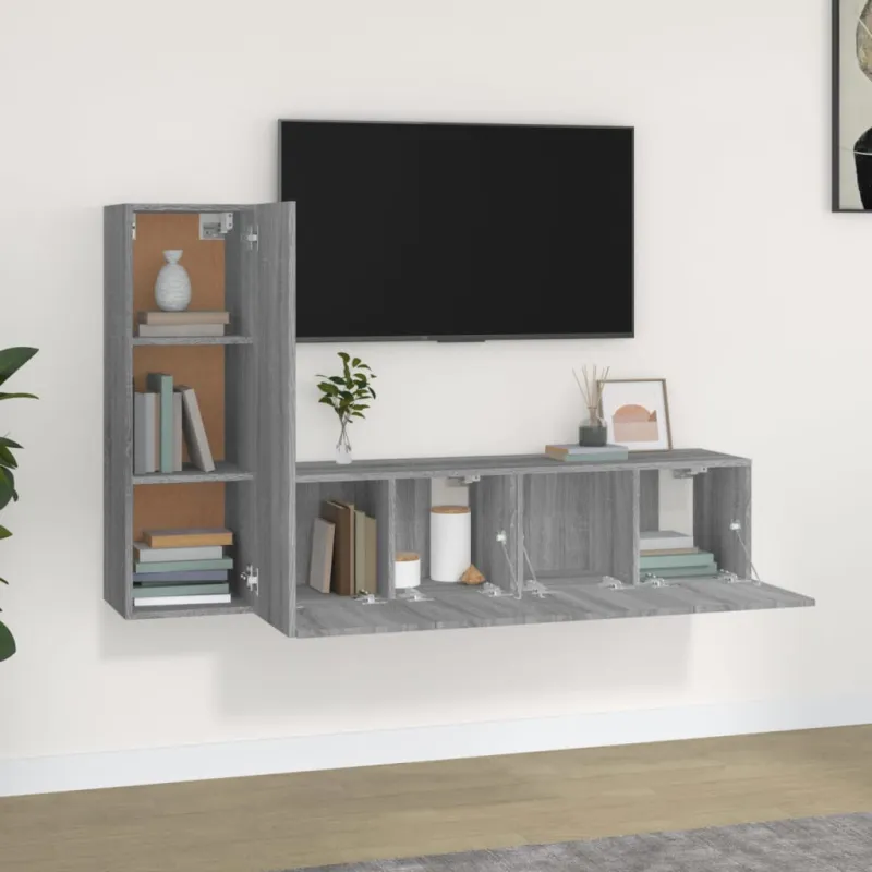 TV spintelių komplektas, 3 dalių, pilkas ąžuolo, mediena