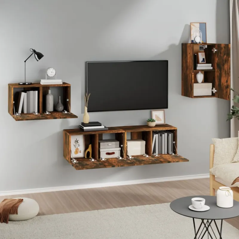 TV spintelių komplektas, 4 dalių, dūminio ąžuolo, mediena