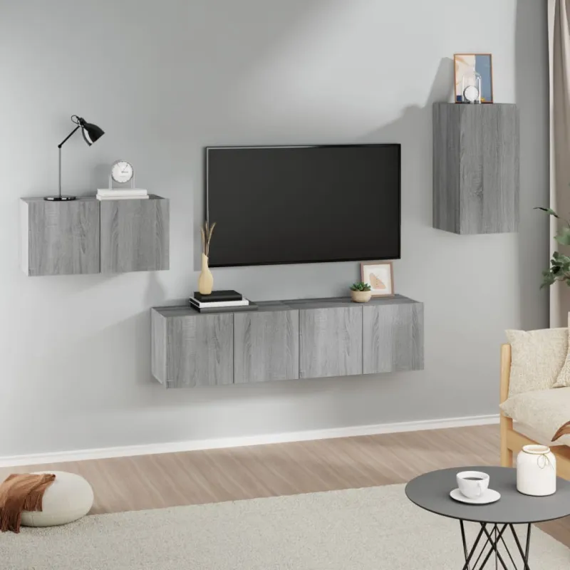 TV spintelių komplektas, 4 dalių, pilkas ąžuolo, mediena