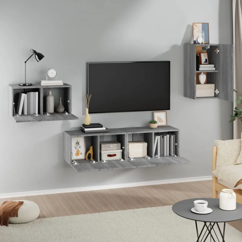 TV spintelių komplektas, 4 dalių, pilkas ąžuolo, mediena