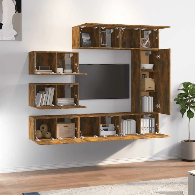 TV spintelių komplektas, 8 dalių, dūminio ąžuolo, mediena