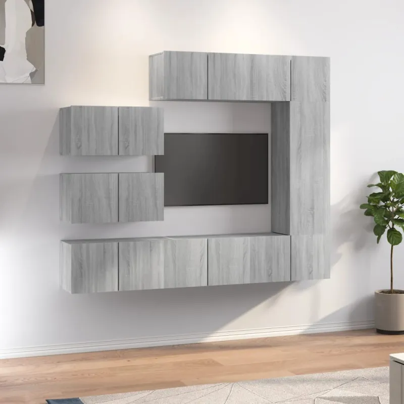 TV spintelių komplektas, 8 dalių, pilkas ąžuolo, mediena