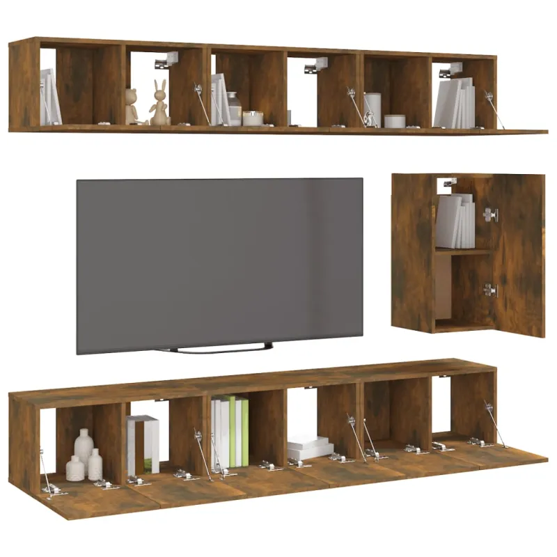 TV spintelių komplektas, 7 dalių, dūminio ąžuolo, mediena
