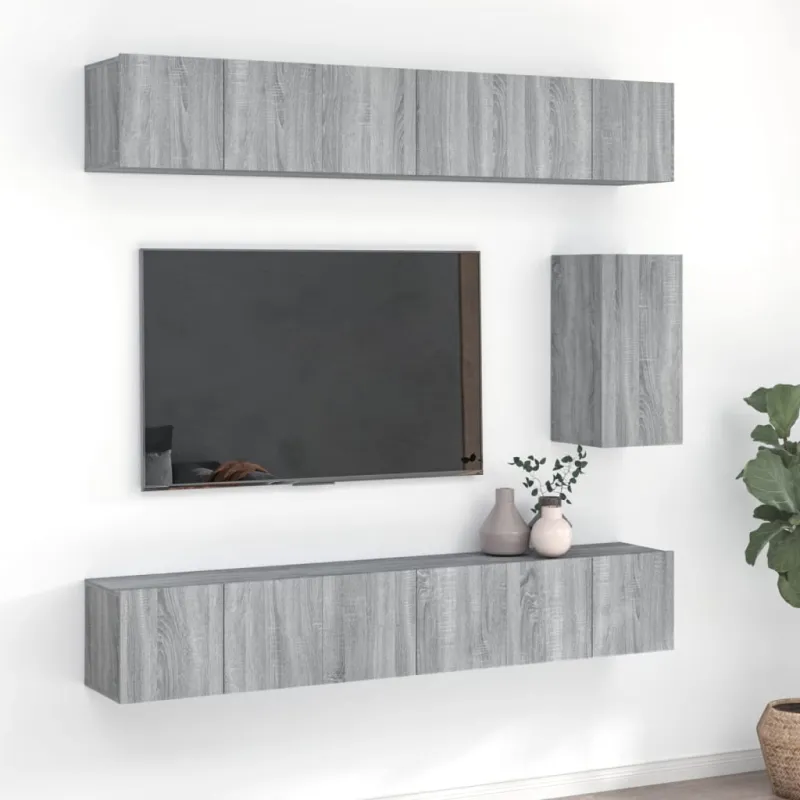 TV spintelių komplektas, 7 dalių, pilkas ąžuolo, mediena