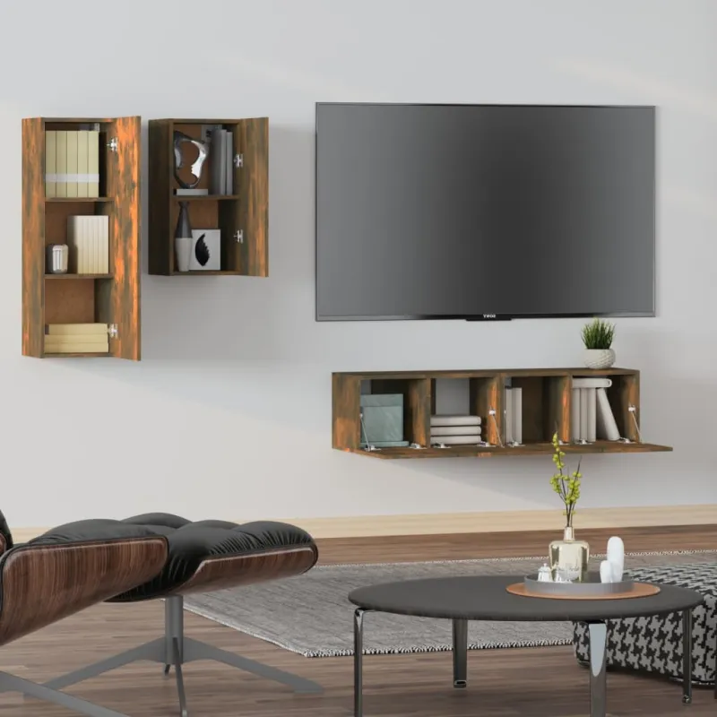 TV spintelių komplektas, 4 dalių, dūminio ąžuolo, mediena