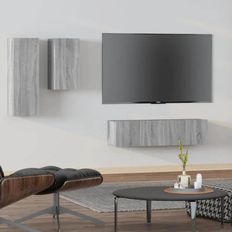 TV spintelių komplektas, 4 dalių, pilkas ąžuolo, mediena
