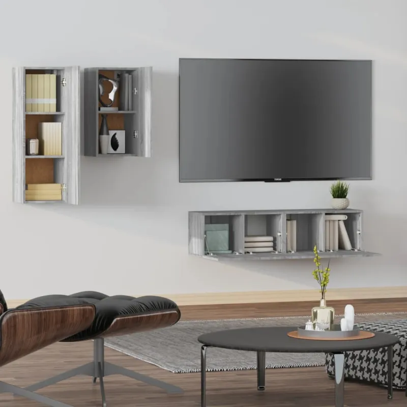 TV spintelių komplektas, 4 dalių, pilkas ąžuolo, mediena