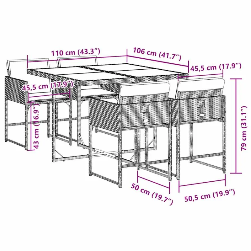 Sodo komplekti, 5 osaa, harmaa, polyrattana, tyynyillä