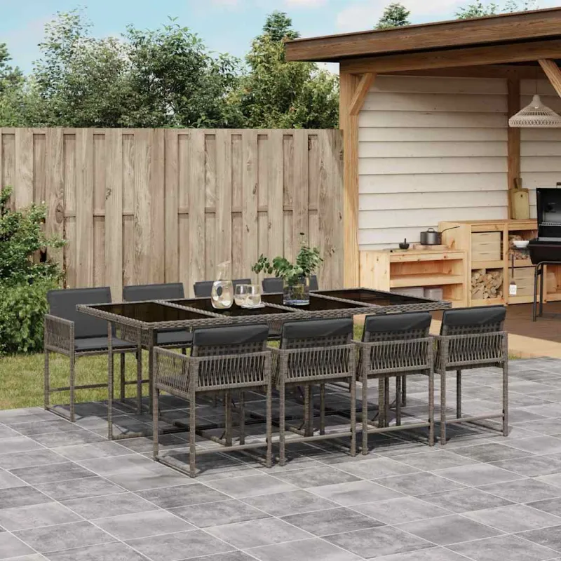 Sodo komplekti, 9 osaa, harmaa, polyrattani, tyynyt