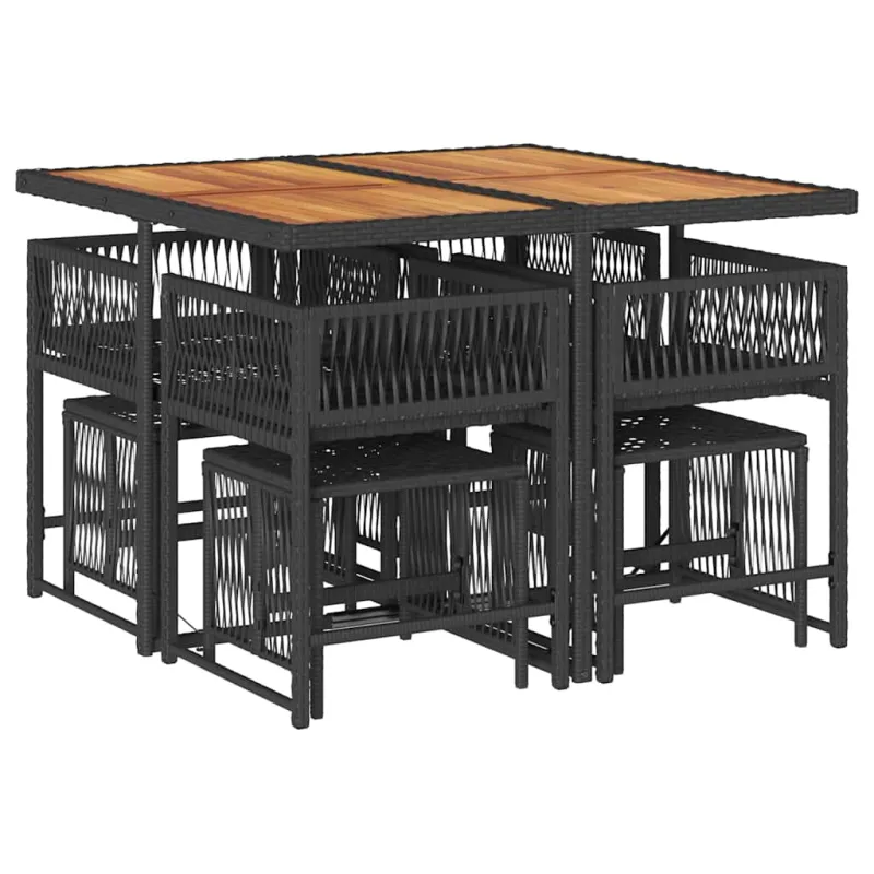 Sodo komplekti, 9 osaa, musta, polyrattana, sisä- ja ulkokäyttöön, mukaan lukien pehmusteet
