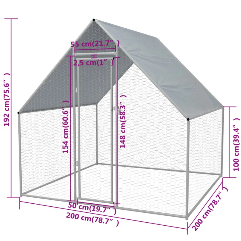 Lauko narvas viščiukams, cinkuotas plienas, 2x2x1,92 m