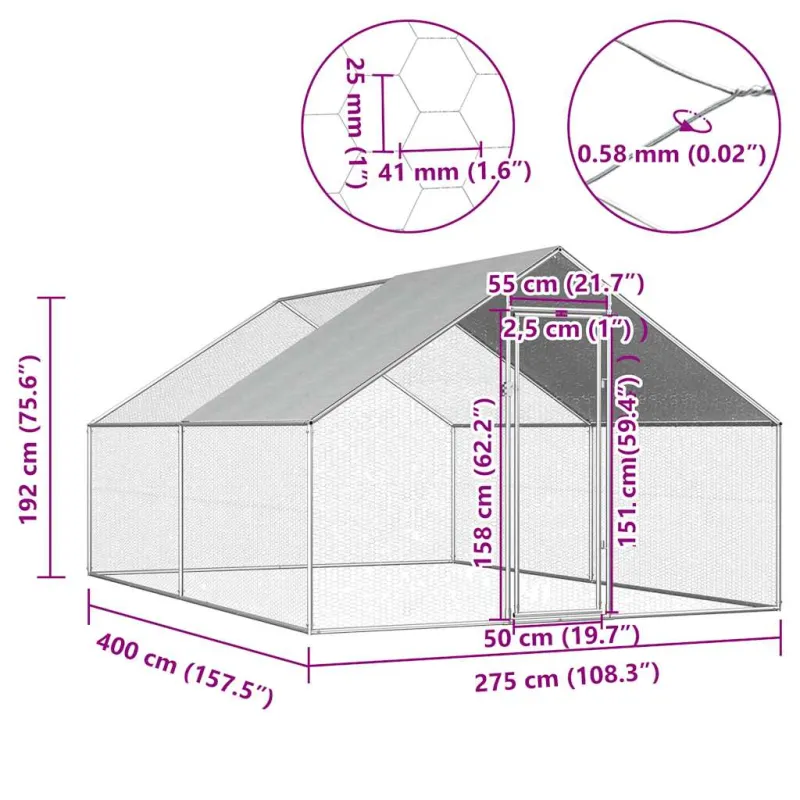 Lauko narvas viščiukams, 2,75x4x1,92m, galvanizuotas plienas