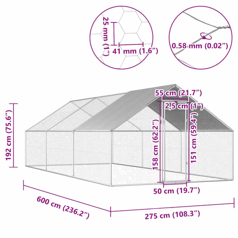 Lauko narvas viščiukams, 2,75x6x1,92 m, galvanizuotas plienas