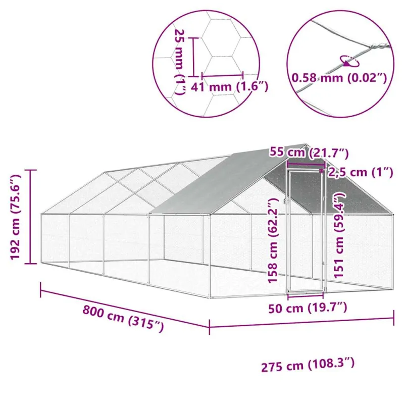 Lauko narvas viščiukams, 2,75x8x1,92 m, galvanizuotas plienas