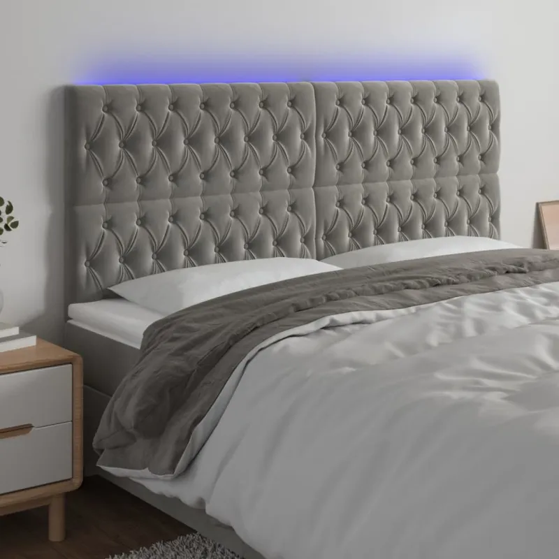 Galvūgalis su LED, šviesiai pilkas, 180x7x118/128cm, aksomas