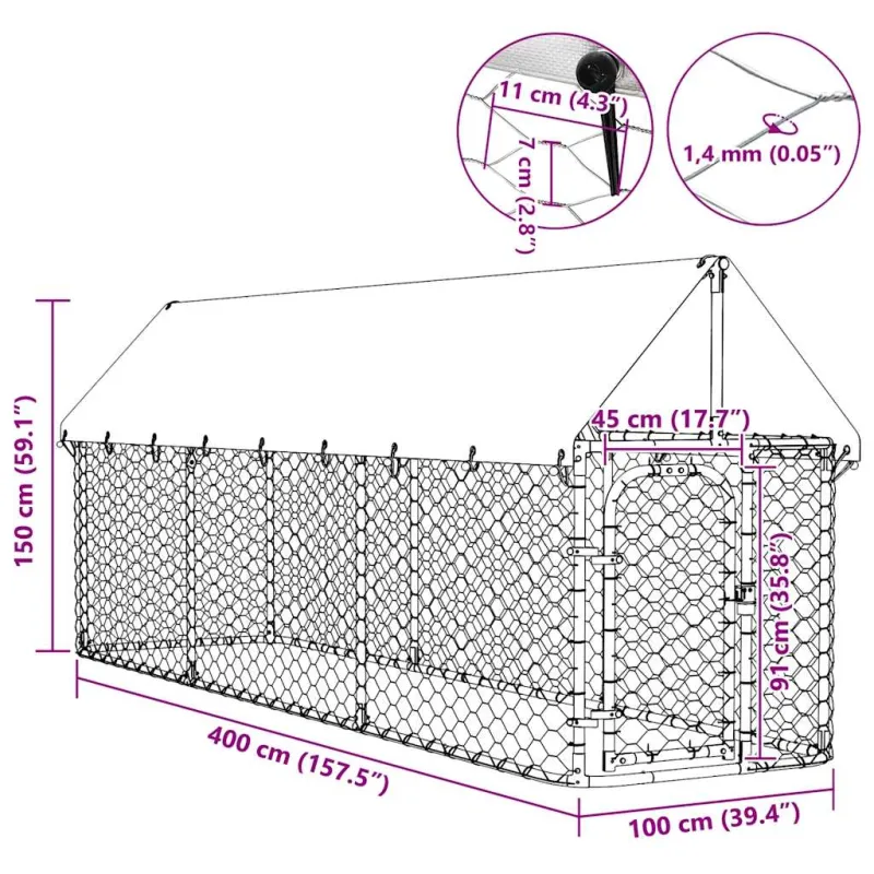 Lauko voljeras šunims su stogu, 400x100x150cm