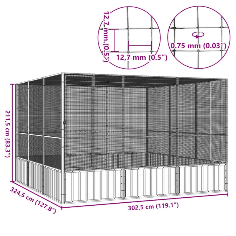 Paukščių narvas, pilkas, 302,5x324,5x211,5cm, plienas