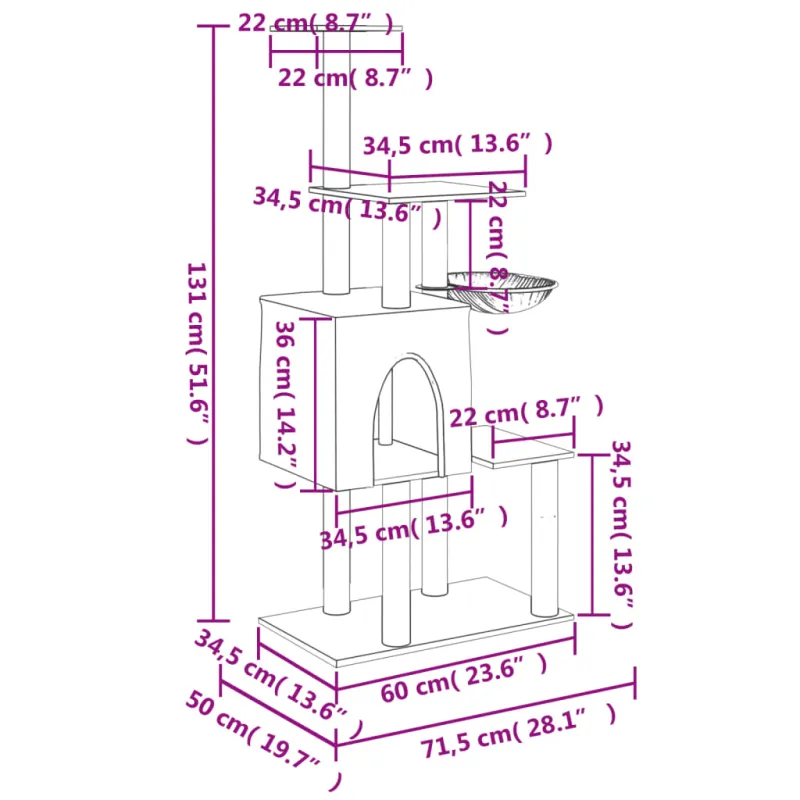 Draskyklė katėms su stovais iš sizalio, kreminės spalvos, 131cm