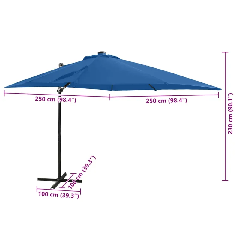 Gembinis skėtis su stulpu ir LED lemputėmis, mėlynas, 250cm