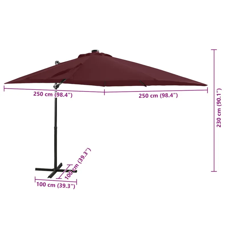 Gembinis skėtis su stulpu ir LED lemputėmis, raudonas, 250cm