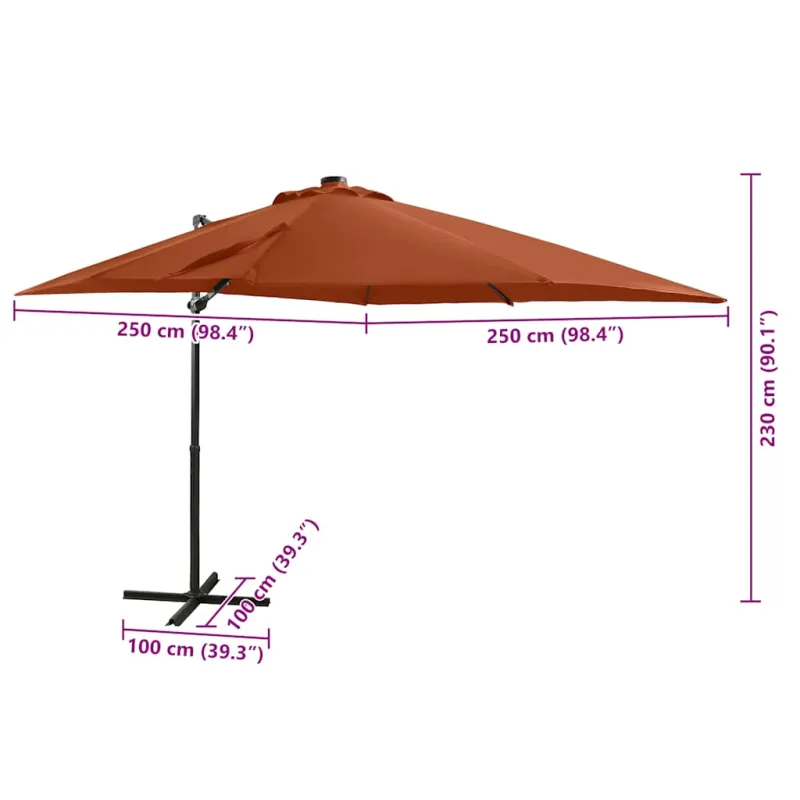 Gembinis skėtis su stulpu ir LED lemputėmis, terakota, 250cm