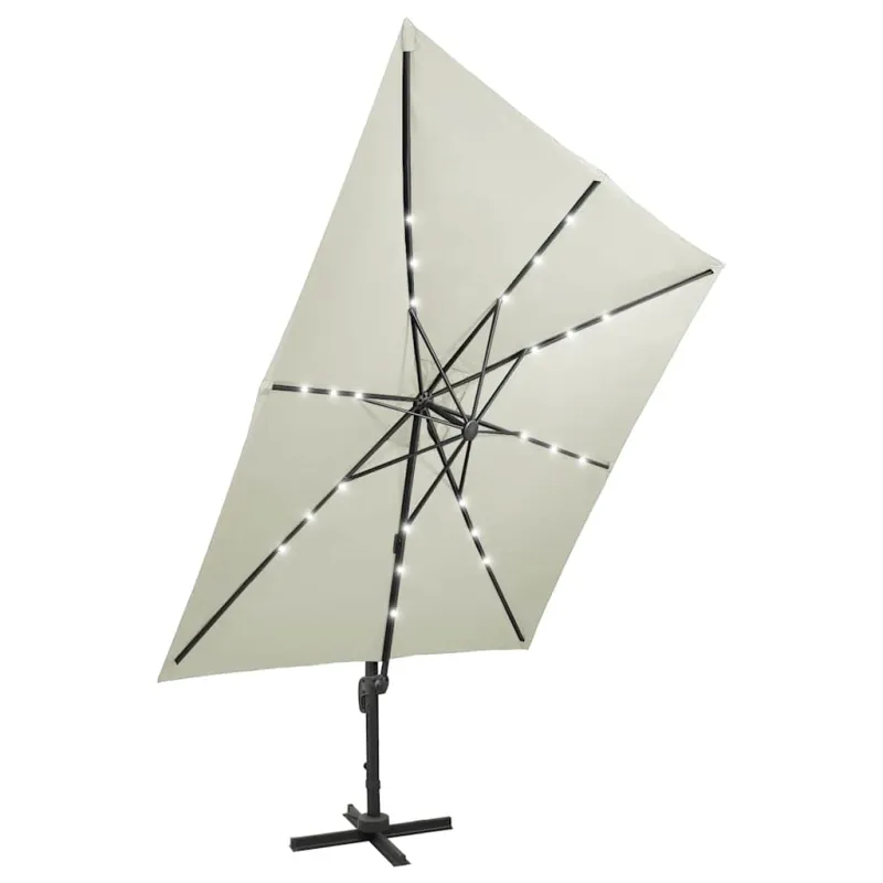 Gembinis skėtis su stulpu ir LED lemputėmis, smėlio, 300cm