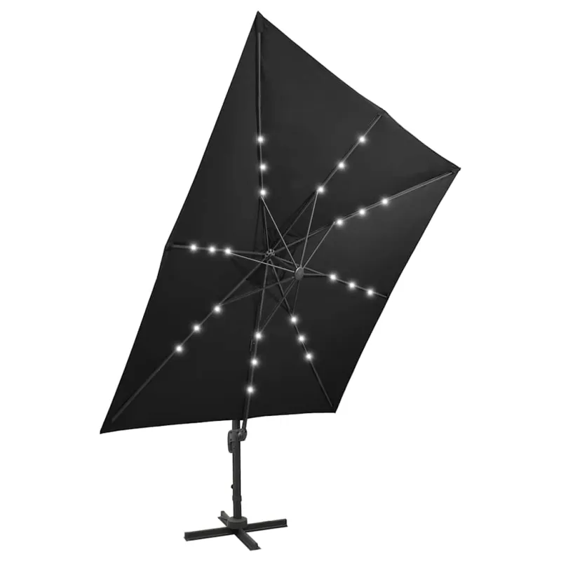 Gembinis skėtis su stulpu ir LED lemputėmis, juodas, 300cm