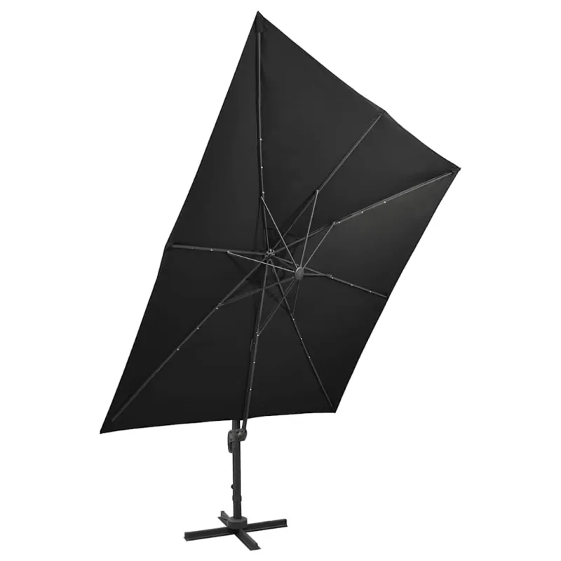Gembinis skėtis su stulpu ir LED lemputėmis, juodas, 300cm