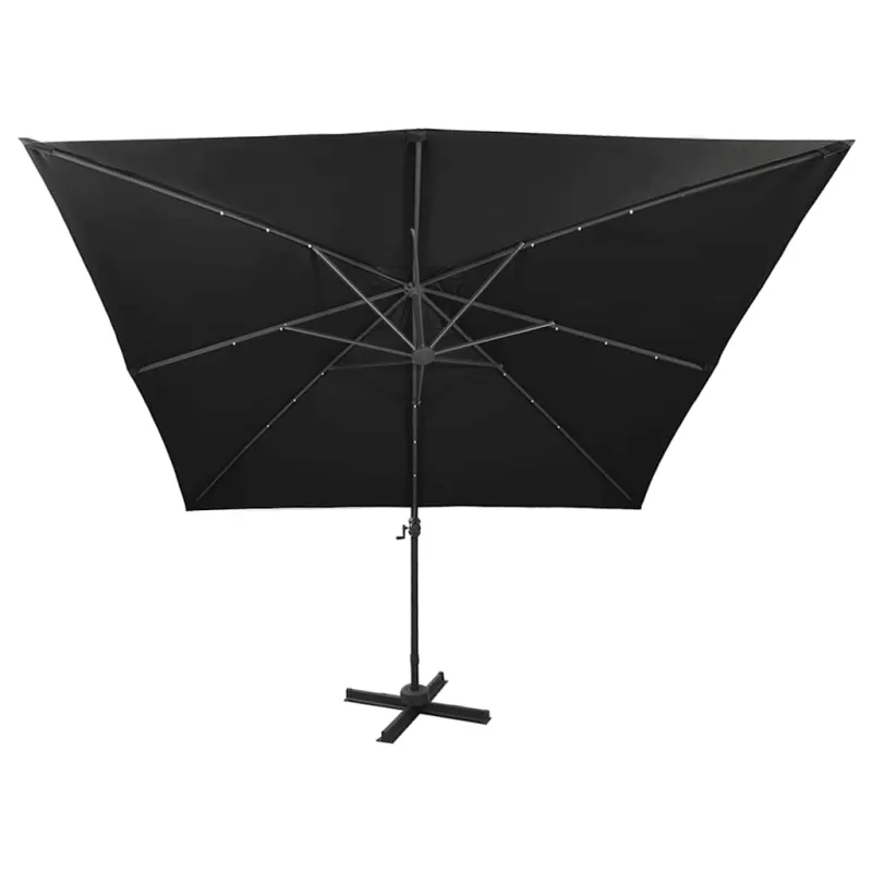 Gembinis skėtis su stulpu ir LED lemputėmis, juodas, 300cm