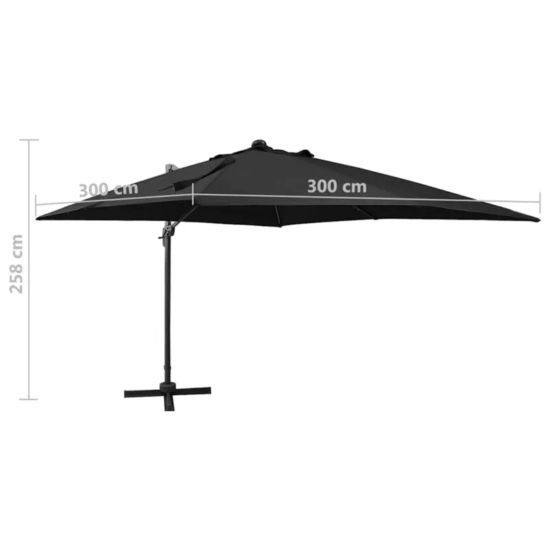 Gembinis skėtis su stulpu ir LED lemputėmis, juodas, 300cm