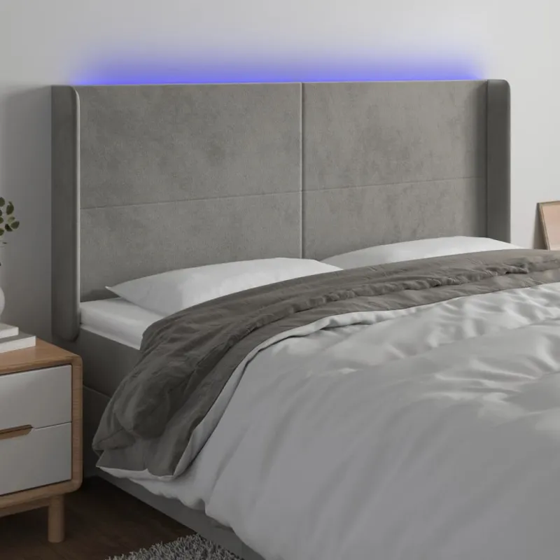Galvūgalis su LED, šviesiai pilkas, 203x16x118/128cm, aksomas